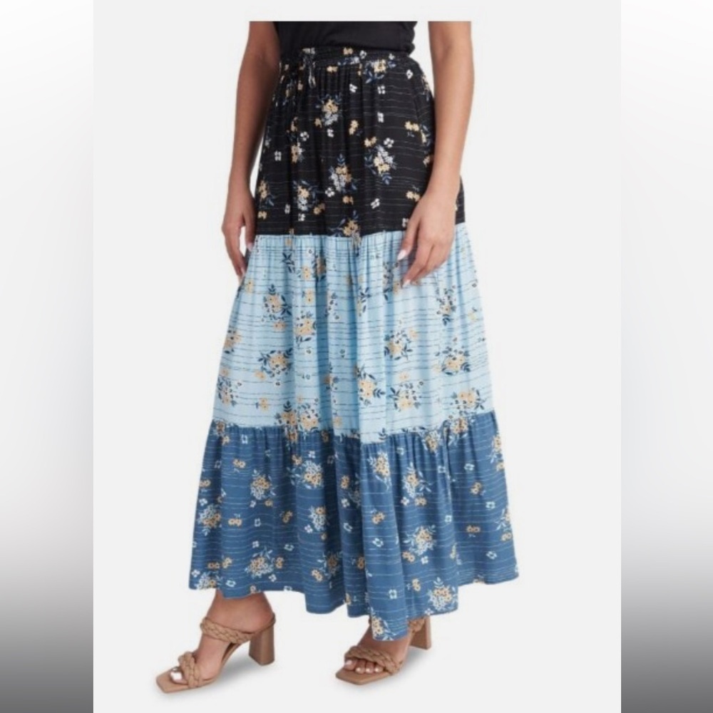 Floral Patchwork Maxi Skirt - Black and Blue
